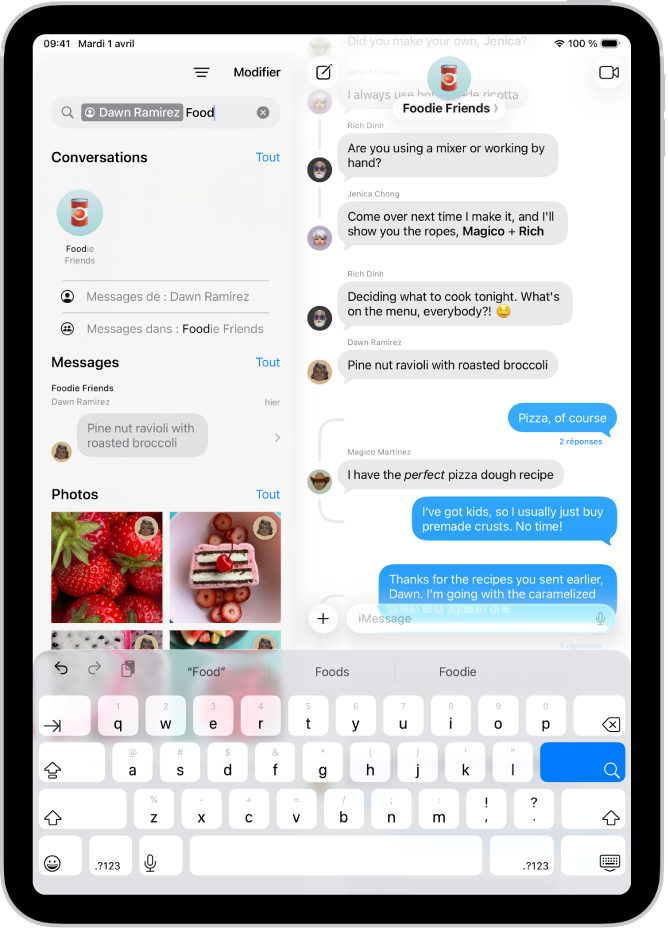 Le champ de recherche dans l’app Messages. Il contient un tag qui limite la recherche aux photos envoyées par une personne en particulier, ainsi qu’un terme de recherche.