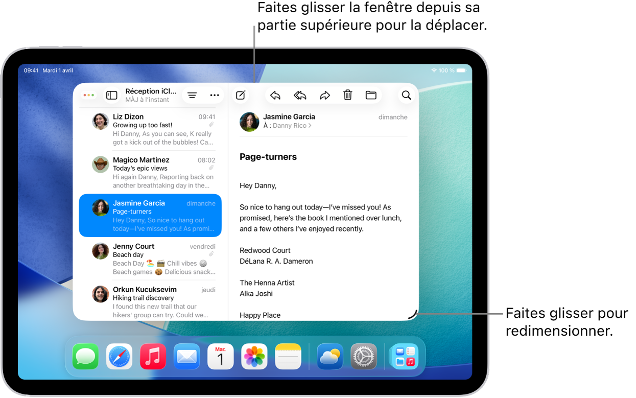 Une app en fenêtre ouverte sur l’écran de l’iPad, avec une poignée de redimensionnement dans le coin inférieur gauche et un menu de multitâche dans le coin supérieur gauche.