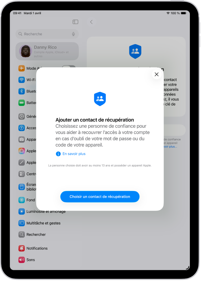 L’écran « Contact de récupération » avec des informations sur la fonctionnalité. Le bouton « Ajouter un contact » se trouve en bas de l’écran