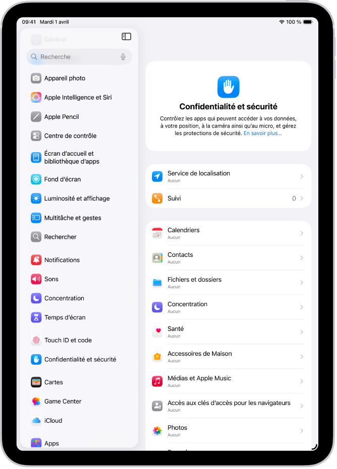 L’écran « Confidentialité et sécurité », avec des réglages pour le service de localisation et le suivi, ainsi que des réglages permettant de contrôler les apps qui accèdent aux données.