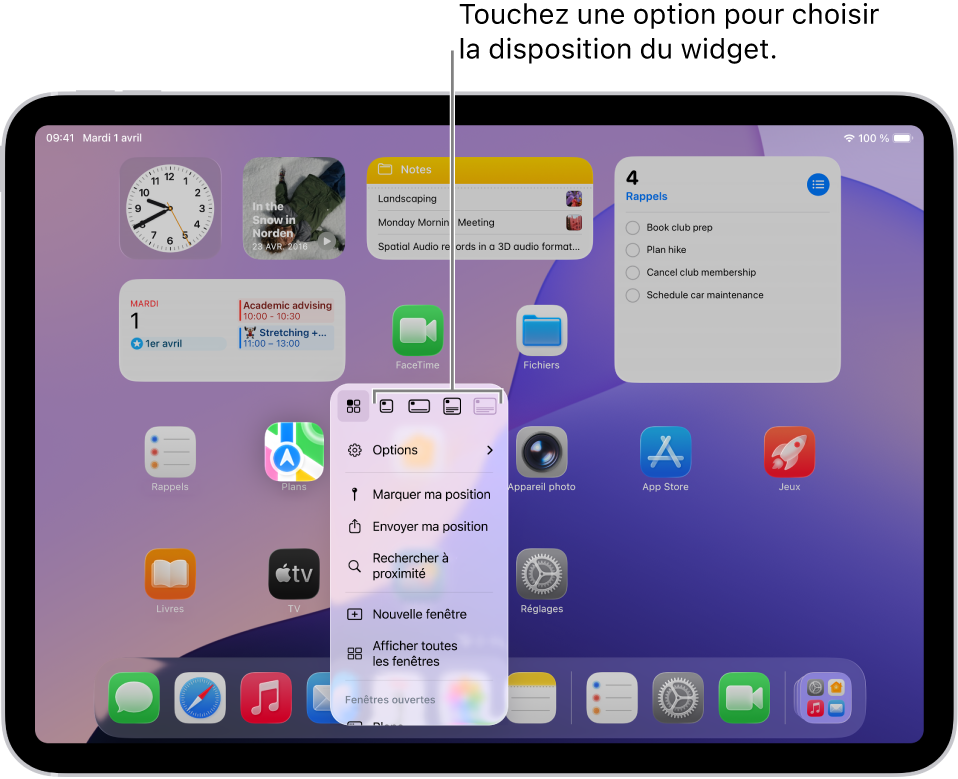 Un écran d’accueil affichant le menu local d’une app en cours d’utilisation afin de transformer une icône d’app en un widget de l’app.