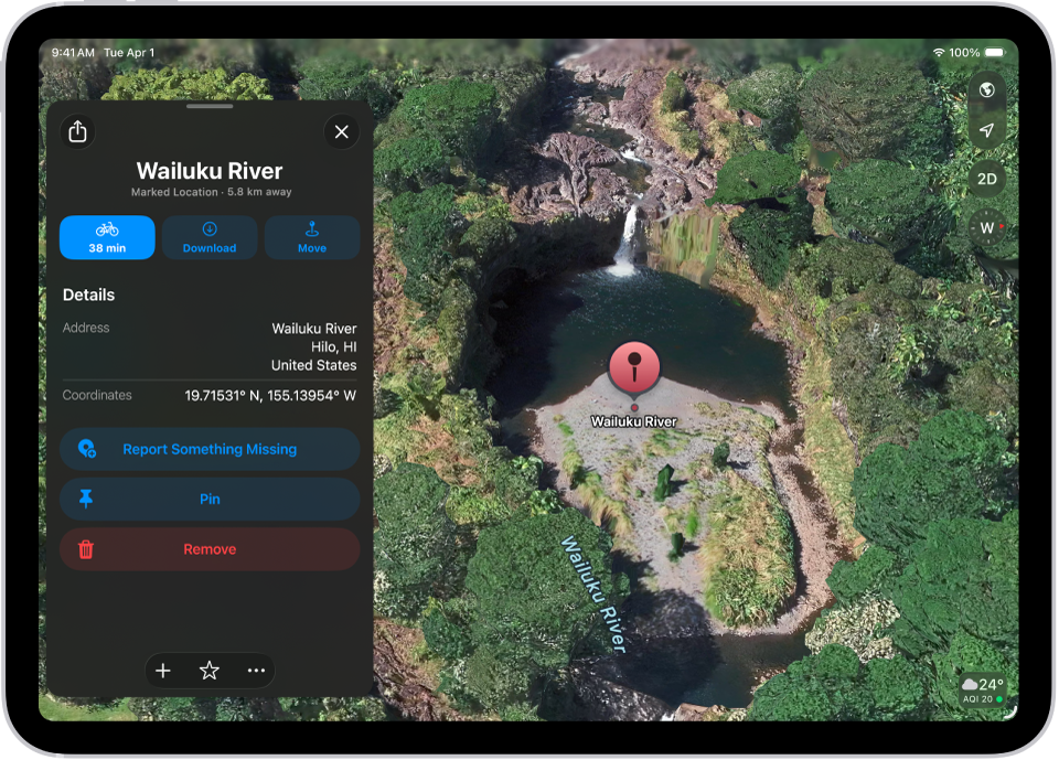 A Térképek app, amelyben egy park térképe látható egy megjelölt hellyel. A bal felső részen gombok jelennek meg, amelyekkel útvonalterveket jeleníthet meg a helyhez, letöltheti a környező területet, vagy áthelyezheti a jelölést.