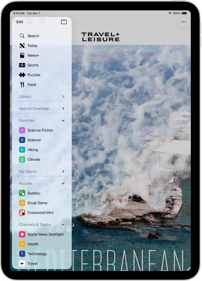 Megjelennek a követett csatornák és témakörök a News app oldalsávján egy cikk fölött.