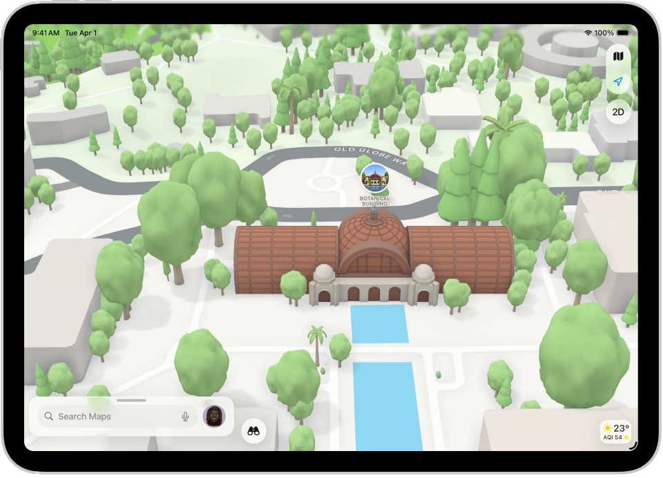 Egy 3D térkép a Térképek appban, amelyen egy híd és egy park látható.