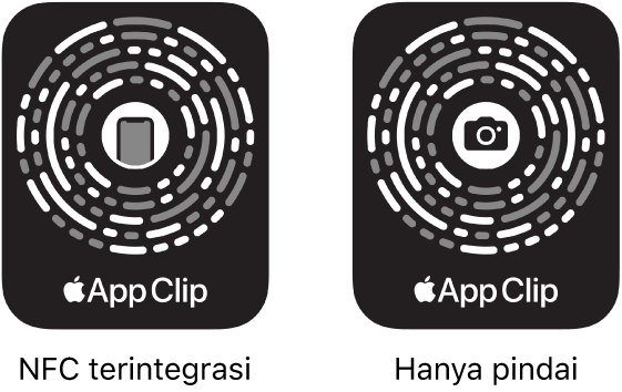 Di sebelah kiri, Kode Cuplikan App terintegrasi NFC dengan ikon iPhone di pusatnya. Di sebelah kanan, Kode Cuplikan App hanya pindai dengan ikon kamera di pusatnya.