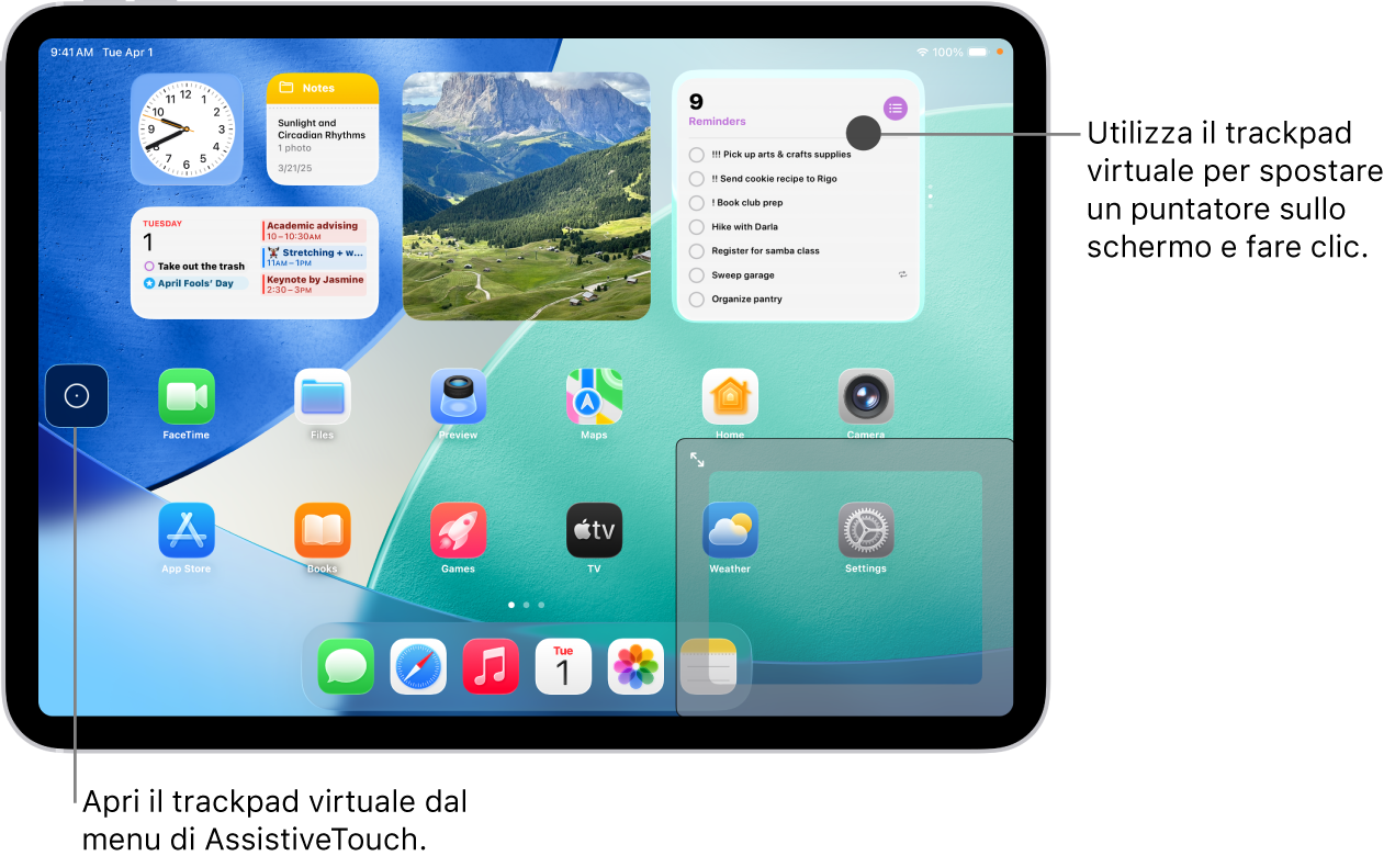 Un iPad con un trackpad virtuale nell'angolo dello schermo. Sullo schermo sono inoltre presenti il menu di AssistiveTouch, che viene usato per aprire il trackpad, e il puntatore, che viene controllato tramite il trackpad.
