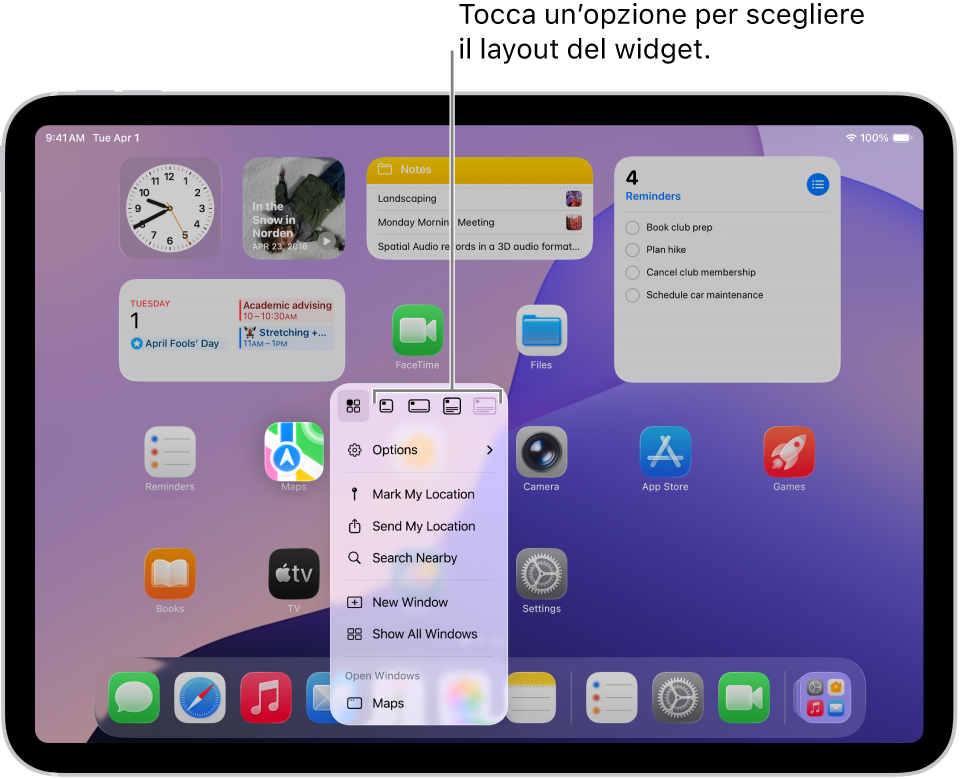 Una schermata Home con un menu a comparsa che viene utilizzato per trasformare l’icona di un’app in un widget per l’app.