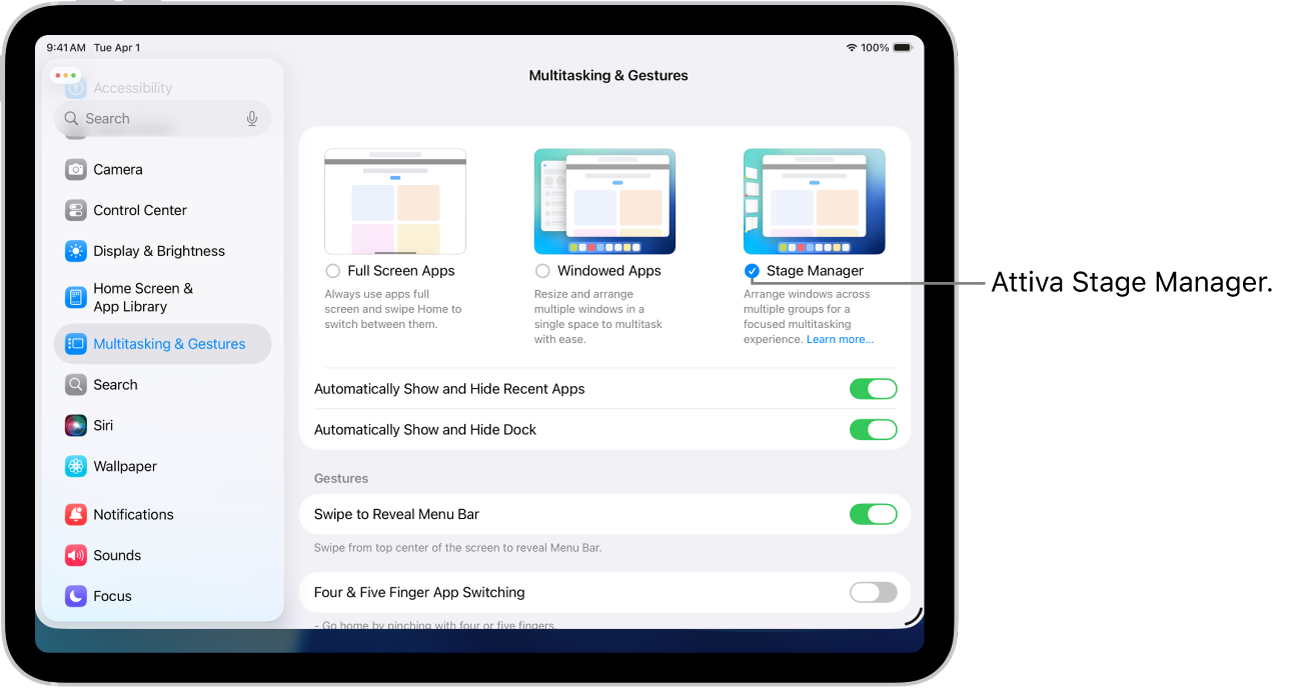 L’app Impostazioni su iPad, con le opzioni “Multitasking e gesti” che è possibile scegliere per lavorare con più app.