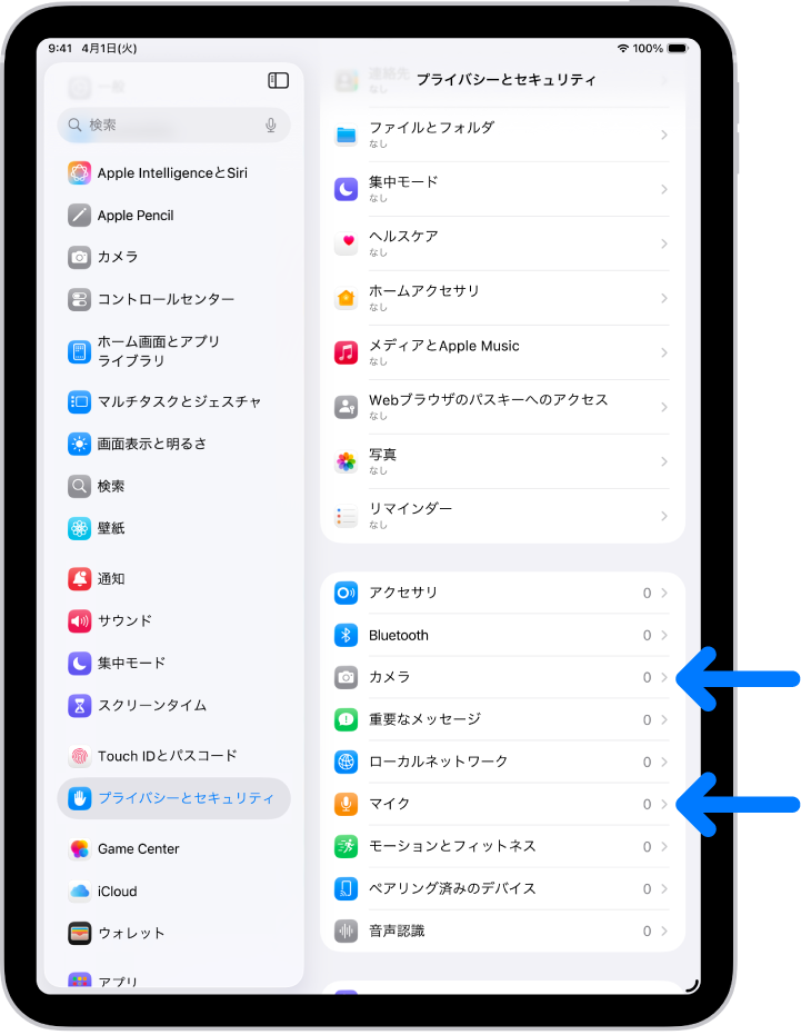 「プライバシーとセキュリティ」画面。アプリでiPadのカメラやマイクなどのパーツを使用できるかどうかを制御する設定が表示されています。
