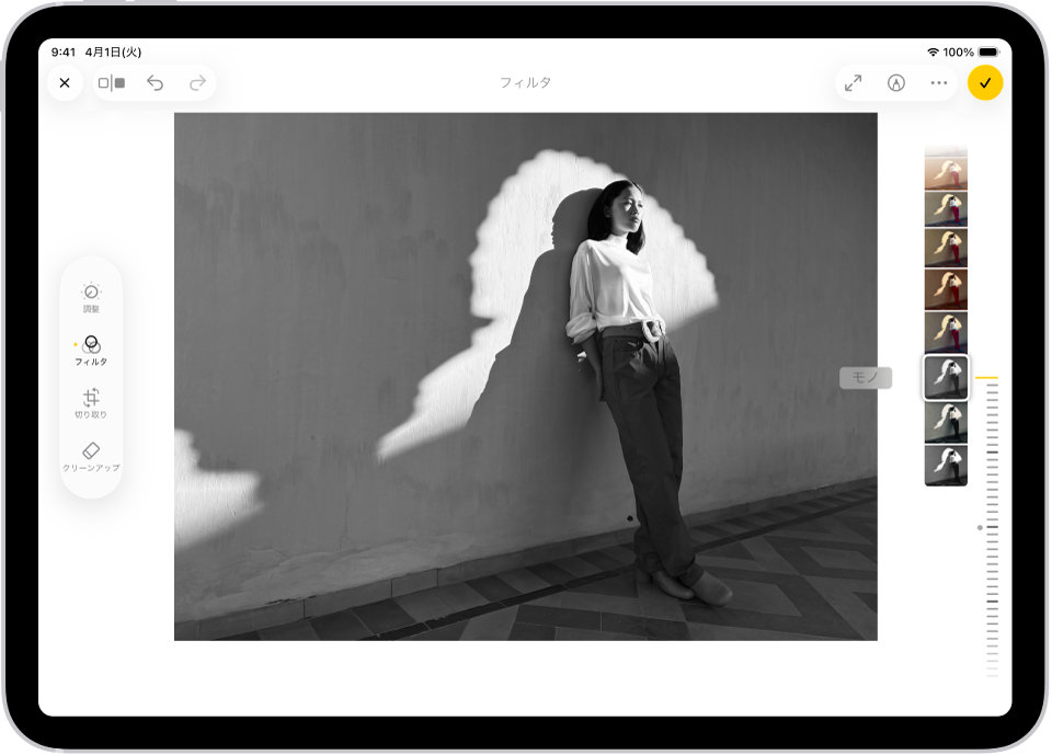 写真アプリの「編集」画面。中央に1枚の写真が表示されています。画面の左側には、「調整」、「フィルタ」、および「切り取り」の各ボタンがあり、「フィルタ」が選択されています。画面の右側には、フィルタのオプションとフィルタエフェクトのレベルを調整するためのスライダがあります。