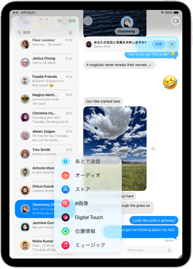 iPadの「メッセージ」の「追加」メニュー。あとで送信、オーディオメッセージの送信、App Store、GIF画像、Digital Touch、位置情報の共有、ミュージックなど、いろいろのiMessage機能が表示されています。