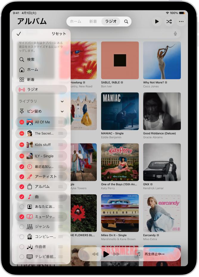 縦向きのiPad。画面左側のサイドバーと画面上部のタブバーを編集するためのオプションが表示されています。