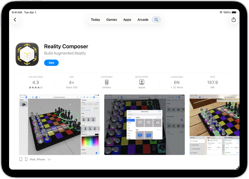 App Store의 앱 정보 페이지. 페이지에 받기 버튼, 평가, 연령 등급, 개발자, 스크린샷 등이 표시됨. 상단 중앙에는 왼쪽에서 오른쪽으로 투데이, 게임, 앱, Arcade, 검색 버튼이 있음.