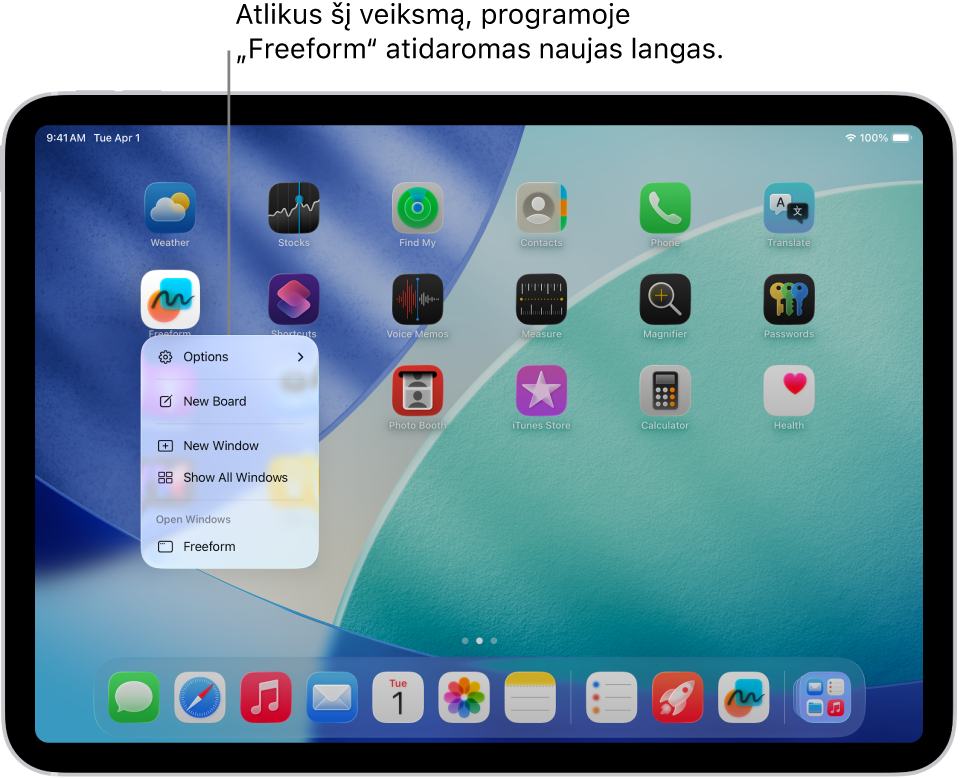 „iPad“ pradžios ekrane rodomas programos „Freeform“ meniu, kuriame matyti veiksmų sąrašas – tarp jų galimybė atidaryti naują langą programoje, sukurti naują lentą, rodyti visus atidarytus programos langus ir kt.