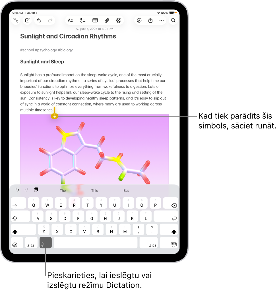 Lietotnē Notes ir atvērta ekrāna tastatūra. Poga Dictation ir atlasīta tastatūras apakšā, un šī poga ir redzama zem teksta lauka ievietošanas punkta.