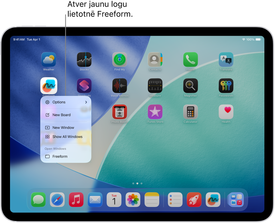 Ierīces iPad Home Screen ar atvērtu lietotni Freeform, kurā ir redzamas darbības, ko varat veikt, kas ietver jauna loga atvēršanu lietotnē, jauna paneļa izveidi, visu atvērto lietotņu logu skatīšana utt.