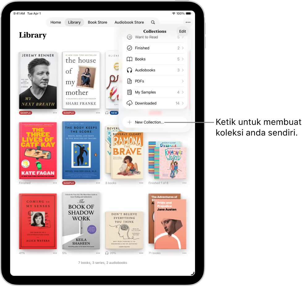 Skrin Pustaka dalam app Buku. Di bahagian atas skrin, menu Koleksi dibuka dan menunjukkan pilihan seperti Audio Buku dan PDF.