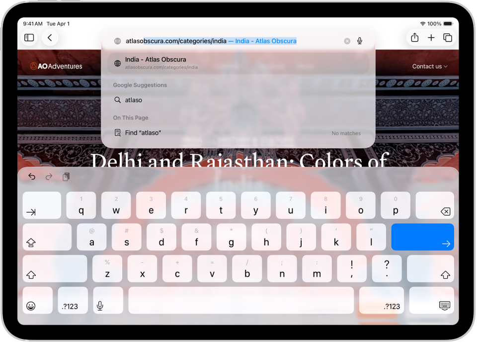 Halaman web dengan “atlas” ditaipkan ke dalam medan carian dan baki URL diisi secara automatik. Di bawah medan carian ialah cadangan Carian Google.