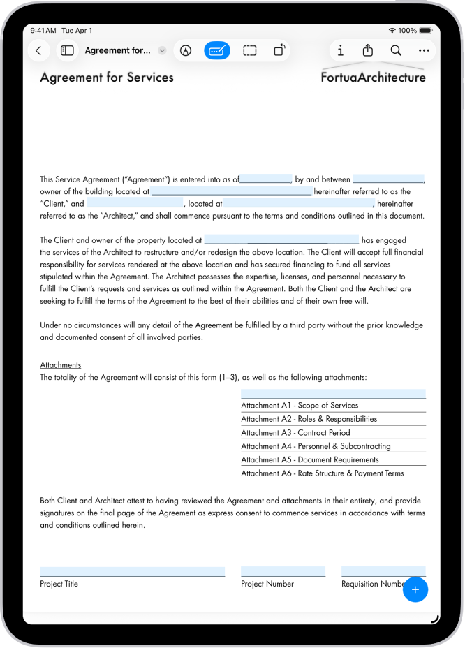 Een scherm met een pdf-formulier. Velden die kunnen worden ingevuld, zijn gemarkeerd. Onder in het scherm staan de knoppen voor annotatie toevoegen, markeren, automatisch invullen, bijsnijden, info, delen en zoeken. De knop voor automatisch invullen is geselecteerd.
