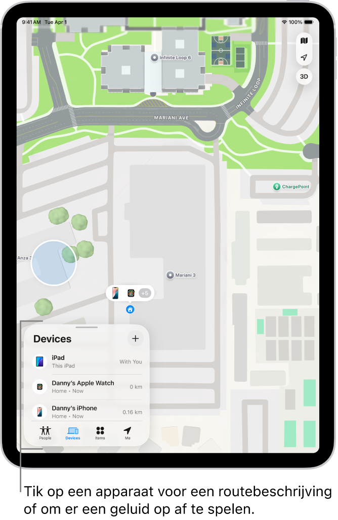 Het Zoek mijn-scherm waarin de lijst 'Apparaten' is geopend. De weergegeven apparaten zijn Danny's iPad, Danny's iPhone, Danny's Apple Watch en Danny's AirPods Pro. Hun locaties worden op een kaart in de buurt van Santa Cruz weergegeven.