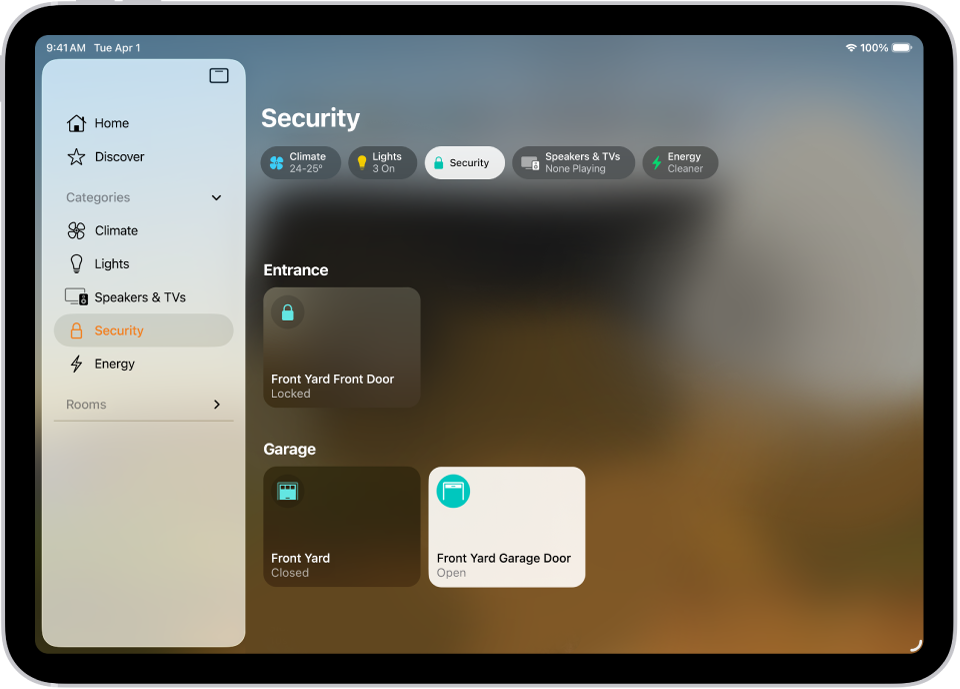 De Woning-app met aan de linkerkant de navigatiekolom. 'Beveiliging' is gemarkeerd. Aan de rechterkant is de knop voor de categorie 'Beveiliging' gemarkeerd. Eronder staan beveiligingsaccessoires zoals sloten en garagedeuren.