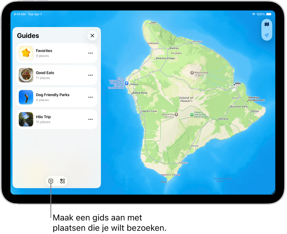 Een aangepaste gids die is aangemaakt in Kaarten op de iPad, met een lijst met plaatsen aan de linkerkant en de locatie ervan aangegeven op de kaart aan de rechterkant.