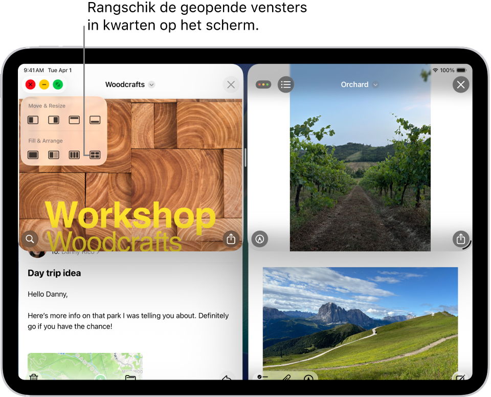 Een iPad-scherm waarin vier apps zijn geopend en een geselecteerde vensterlay-out waarin ze in vier gelijke vensters op het scherm worden weergegeven.