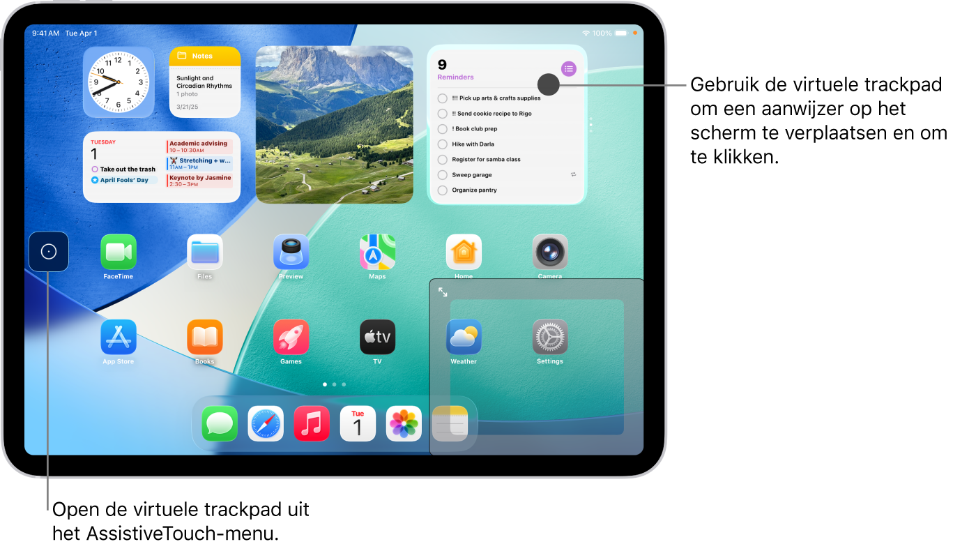 Een iPad met een virtuele trackpad in de hoek van het scherm. Op het scherm staan ook het AssistiveTouch-menu (waarmee de trackpad wordt geopend) en de aanwijzer (die je bedient met de trackpad).