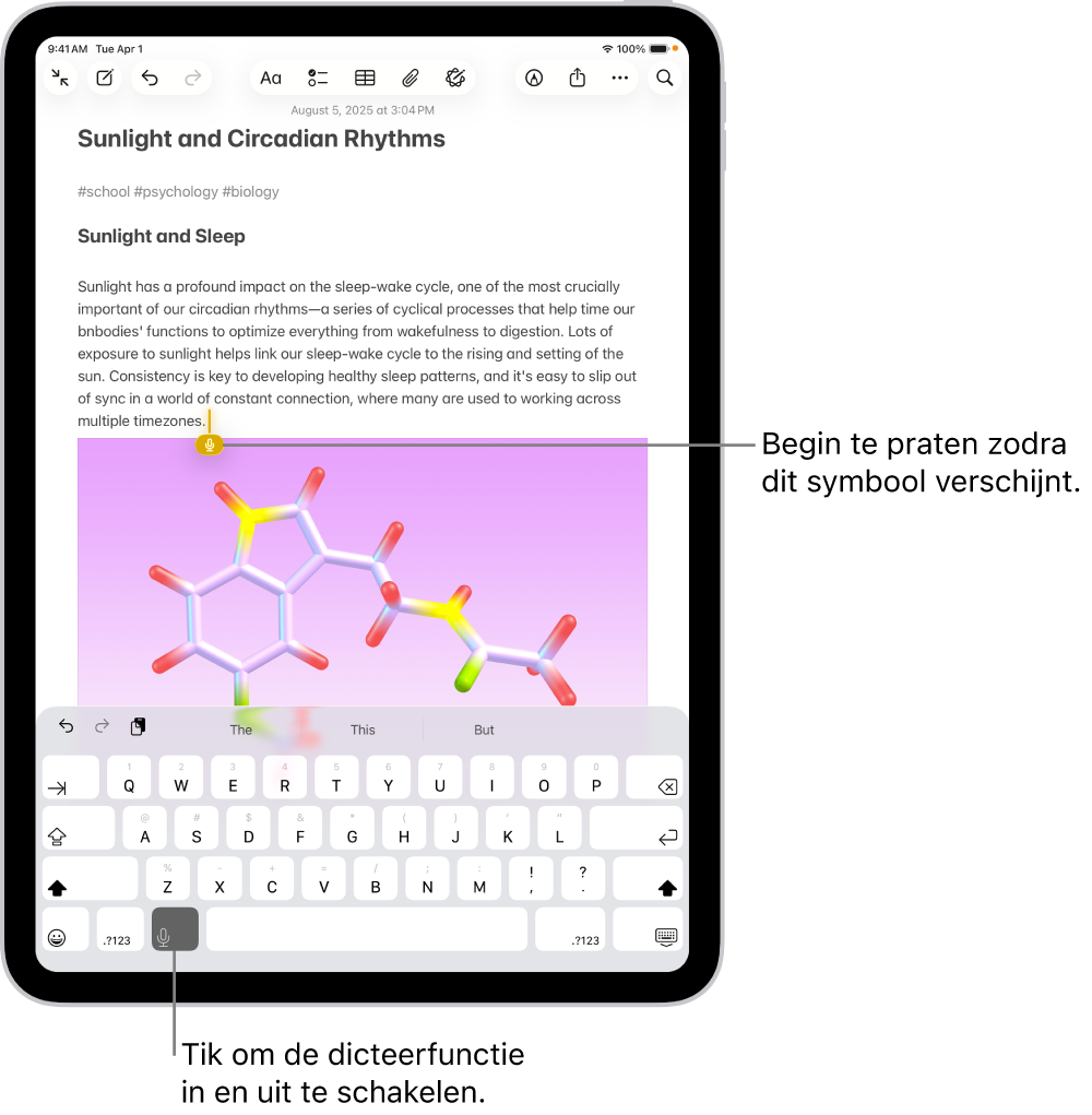Het schermtoetsenbord is open in de Notities-app. De dicteerknop onder in het toetsenbord is geselecteerd en staat onder het invoegpunt in het tekstveld.