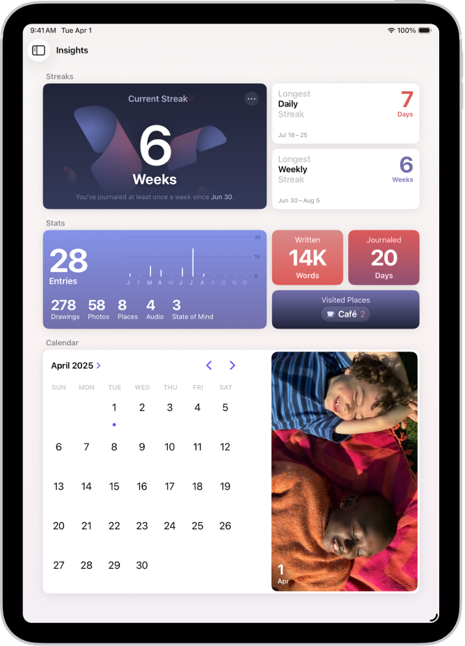 Een scherm in de Dagboek-app, met de huidige reeks en meetgegevens, zoals het aantal geschreven woorden.