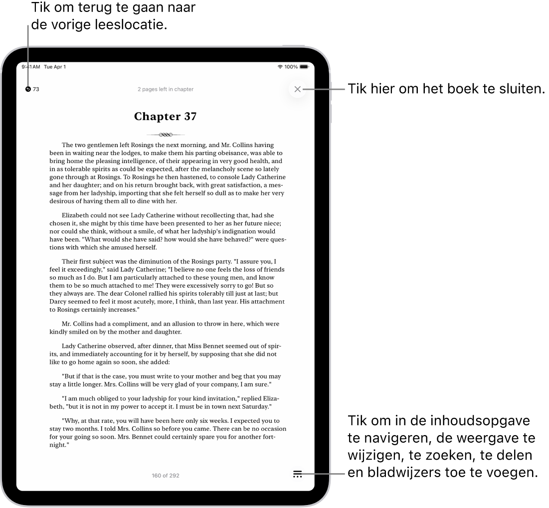 Een pagina van een boek in de Boeken-app. Boven in het scherm staan de knoppen waarmee je teruggaat naar de pagina waar je bent begonnen met lezen en waarmee je het boek sluit. Onder in het scherm is de menuknop te zien.