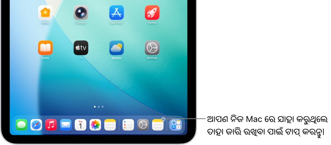 iPad ରେ ଥିବା Dock ରେ Handoff ଆଇକନ୍ ଦୃଶ‍୍ୟମାନ ହେଉଛି।