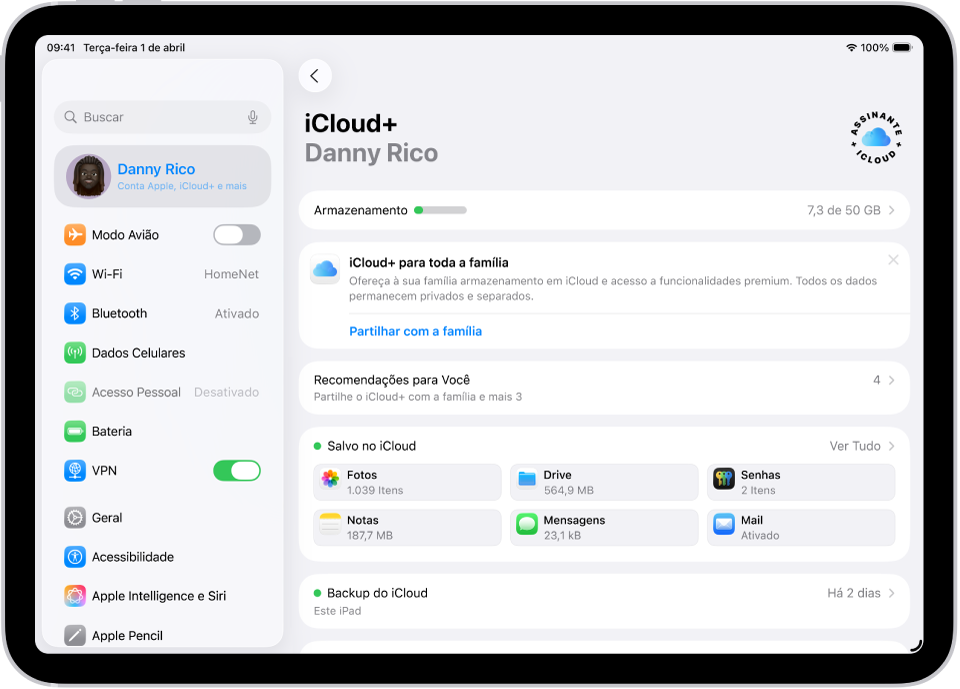 Tela dos ajustes do iCloud mostrando o medidor de armazenamento do iCloud e uma lista de apps e recursos, incluindo Fotos, iCloud Drive e Mail do iCloud, que podem ser usados com o iCloud.