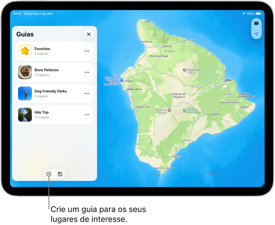 Um guia personalizado criado no app Mapas do iPad mostrando uma lista de lugares à esquerda e suas localizações marcadas no mapa à direita.