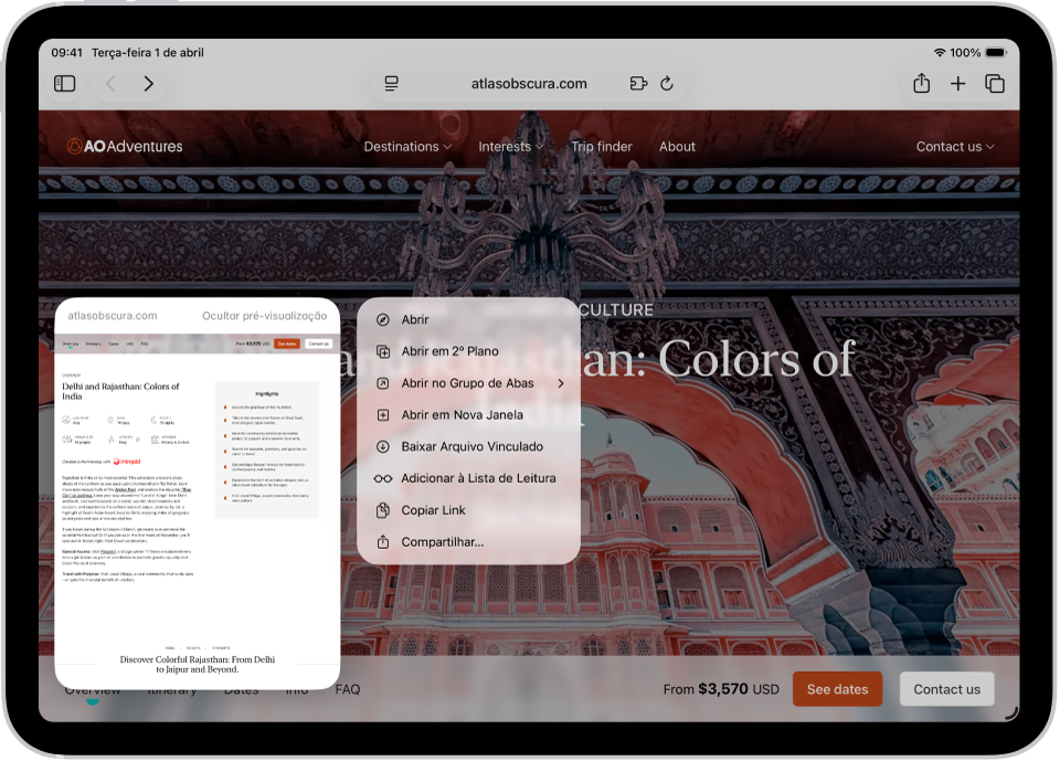 Pré-visualização de um site. À direita da pré-visualização, há um menu que mostra as opções, incluindo Abrir, Abrir em 2º Plano, Abrir em Nova Janela e outras.