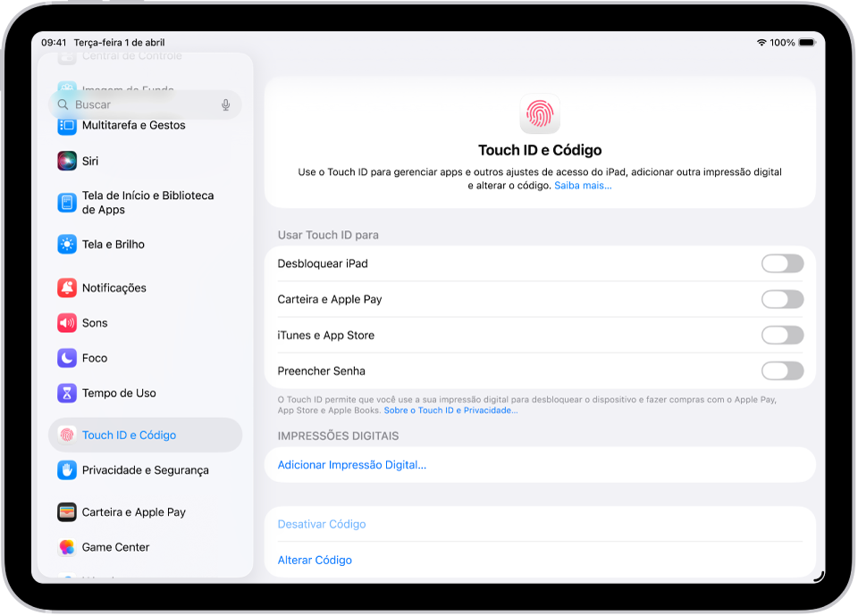 Uma tela mostrando os ajustes de Touch ID e Código, com opções para adicionar uma impressão digital e ativar o código.