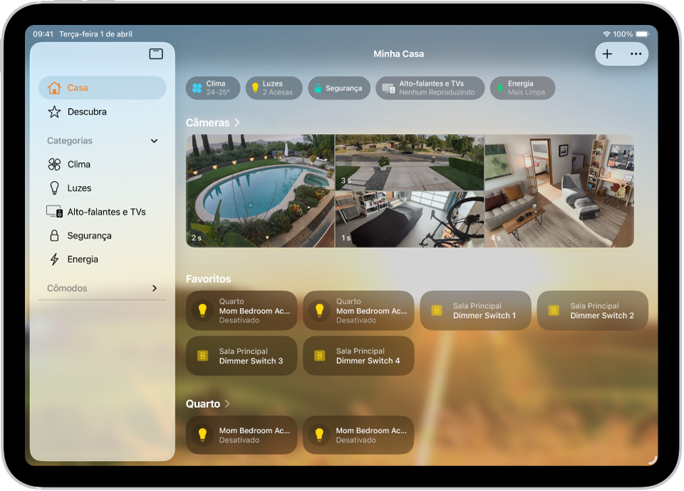 App Casa com a barra lateral à esquerda, mostrando as abas Casa, Automação e Descobrir perto da parte superior. As Categorias e Cômodos da casa aparecem abaixo. À direita da barra lateral, na parte superior, estão os botões Interfone, Adicionar e Mais Opções. Os botões de categoria aparecem perto da parte superior. Abaixo disso, as cenas, imagens de câmeras e um cômodo com seus acessórios.