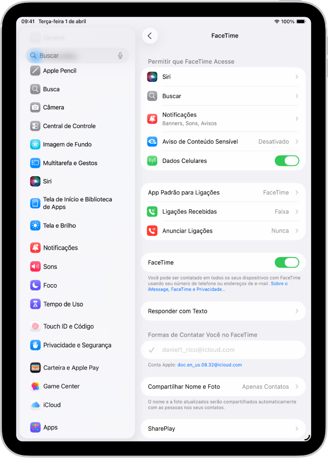 A tela de Ajustes do FaceTime mostrando o controle para ativar ou desativar o FaceTime, bem como o número de telefone e o endereço de e-mail para contatar você.