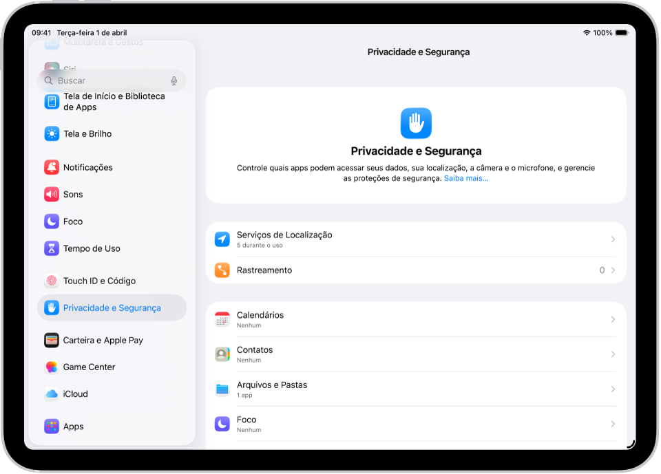 Uma tela de Ajustes mostrando opções de Privacidade e Segurança como Serviços de Localização e Rastreamento.