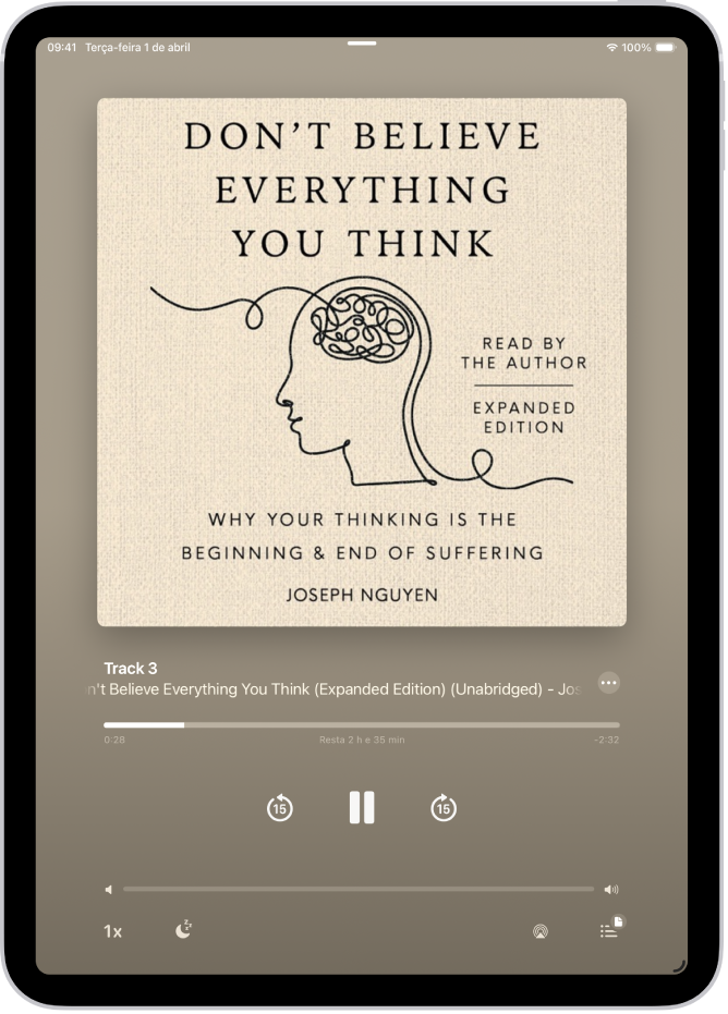 A tela do reprodutor de audiolivros mostrando, de cima para baixo, a capa do audiolivro, o nome da seção sendo reproduzida, o cursor de reprodução, o botão de pausa e os botões de avançar e retroceder. Na parte inferior encontra-se o controle deslizante de volume e, abaixo dele, estão os botões para controle de velocidade de reprodução, ajuste de timer de repouso, escolha de um destino da reprodução e visualização de uma lista com as faixas do livro.