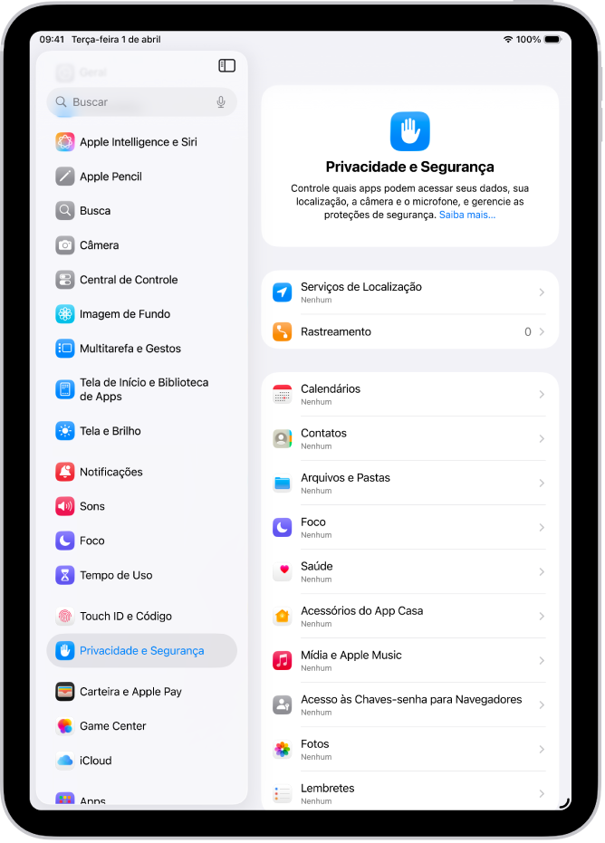 A tela dos Serviços de Localização nos ajustes de Privacidade e Segurança, com opções para compartilhamento da localização do iPad, incluindo ajustes personalizados para apps individuais.