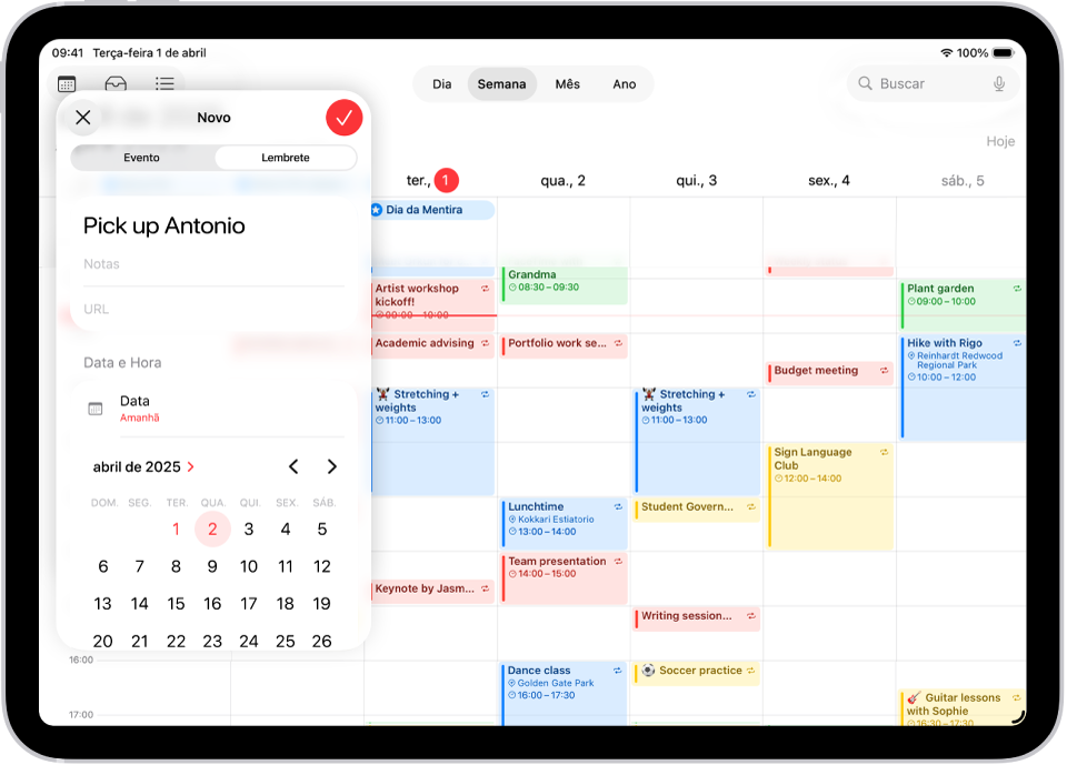Calendário na visualização semanal, mostrando a janela de criação de lembrete.