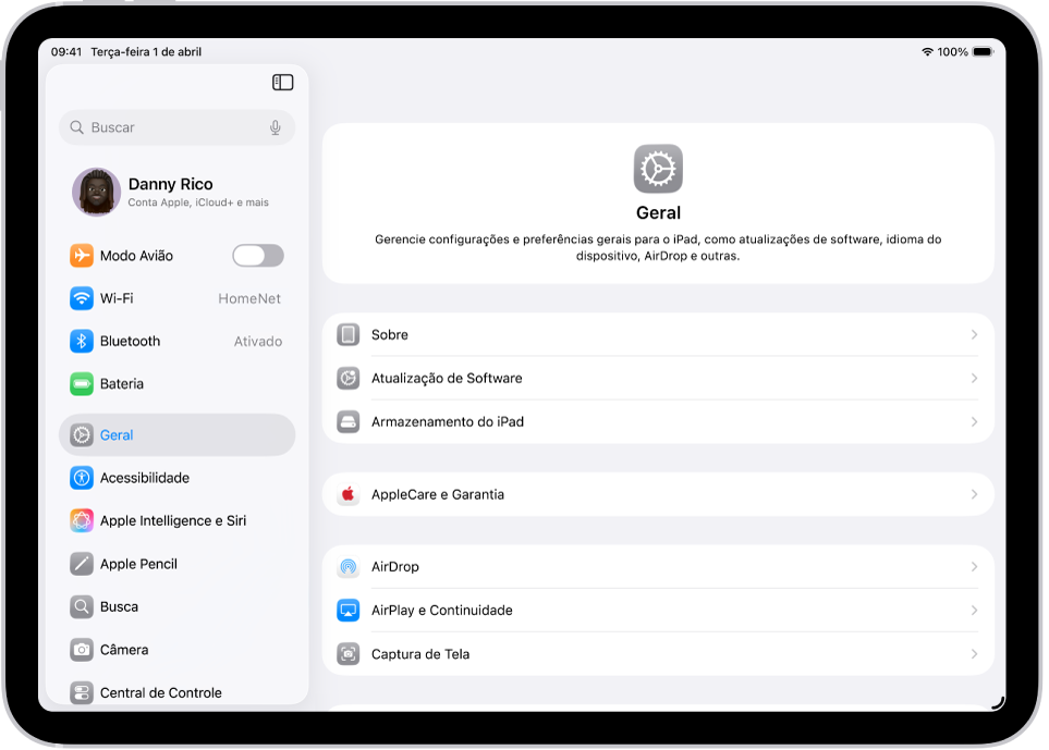 Tela de Início do iPad com vários ícones de apps, incluindo o ícone do app Ajustes, o qual você pode tocar para alterar o volume do som, o brilho da tela e outros ajustes do iPad.