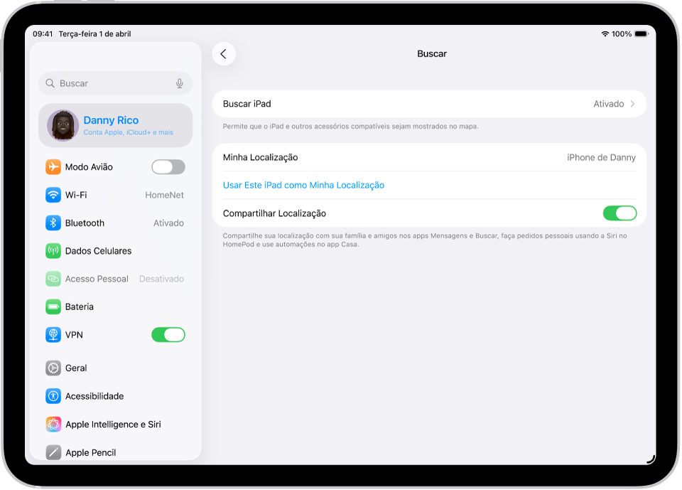 Uma tela mostrando os ajustes do app Buscar, com opções para ativar o Buscar iPad e Compartilhar Minha Localização.