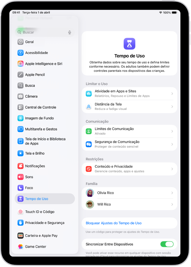 Tela de configuração do Tempo de Uso mostrando que você deve tocar em Atividade em Apps e Sites para começar.