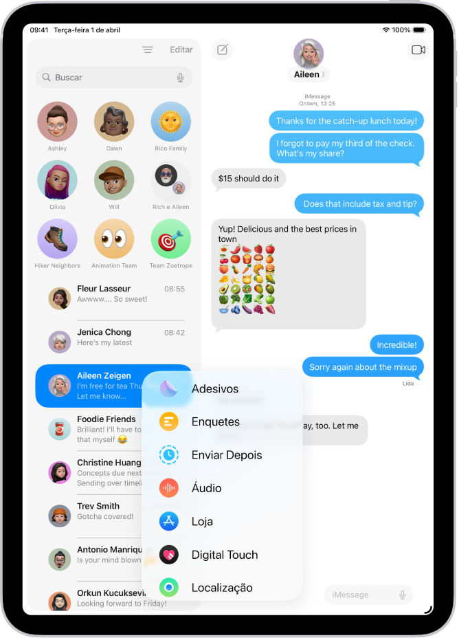 Depois de tocar no botão Apps em uma conversa no app Mensagens, uma lista de recursos para adicionar à mensagem aparece.