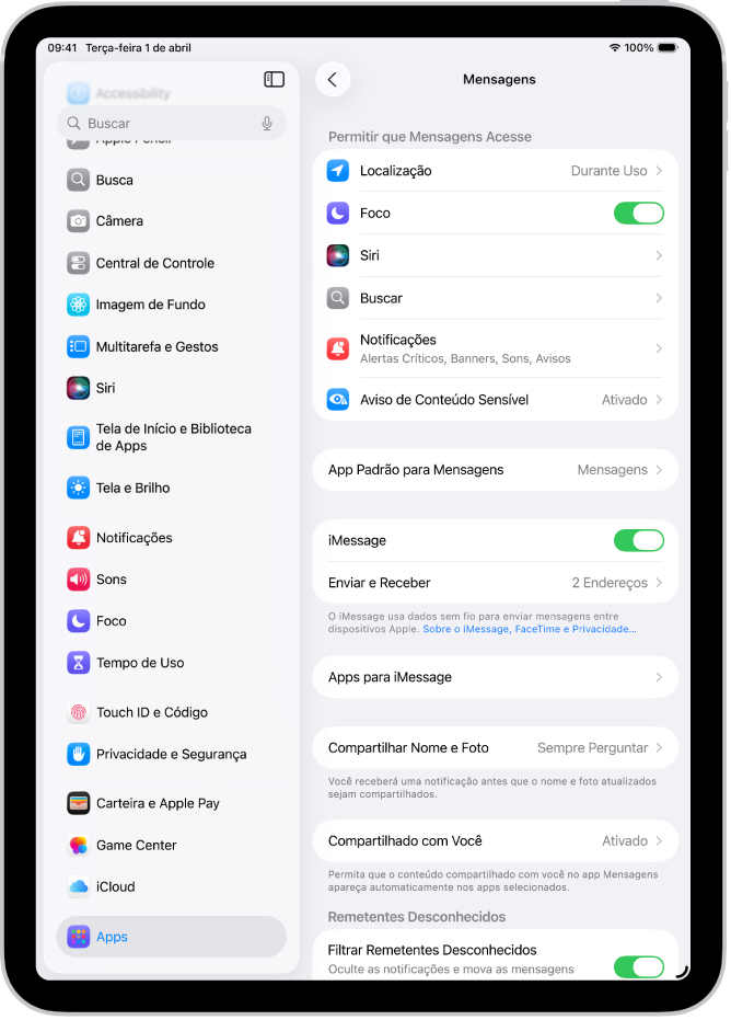 Painel de ajustes do app Mensagens com o iMessage ativado.