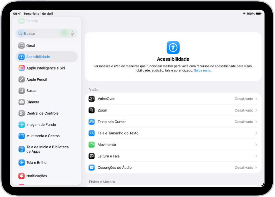 Uma tela de Ajustes mostrando opções de Acessibilidade como VoiceOver, Descrições de Áudio e Controle Assistivo.