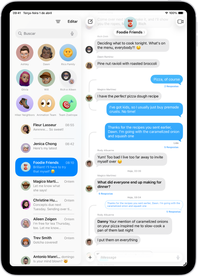 Uma conversa em grupo no app Mensagens.