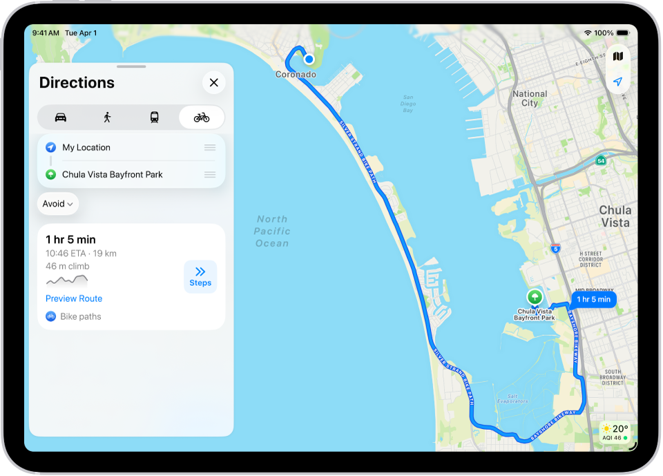 Um mapa mostra vários itinerários de bicicleta, cada um deles com o botão “Passos”.